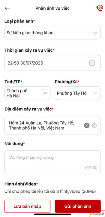 Giao diện tạo phản ánh vi phạm