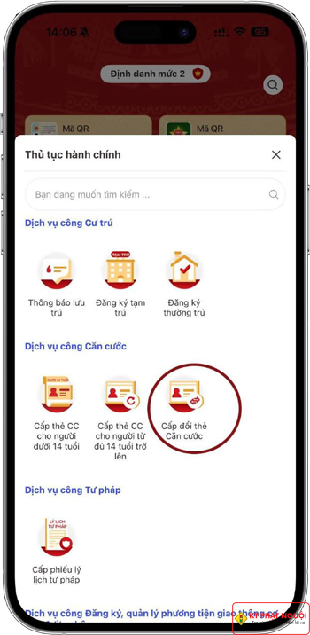 Bước 1 - Truy cập chức năng đổi CCCD